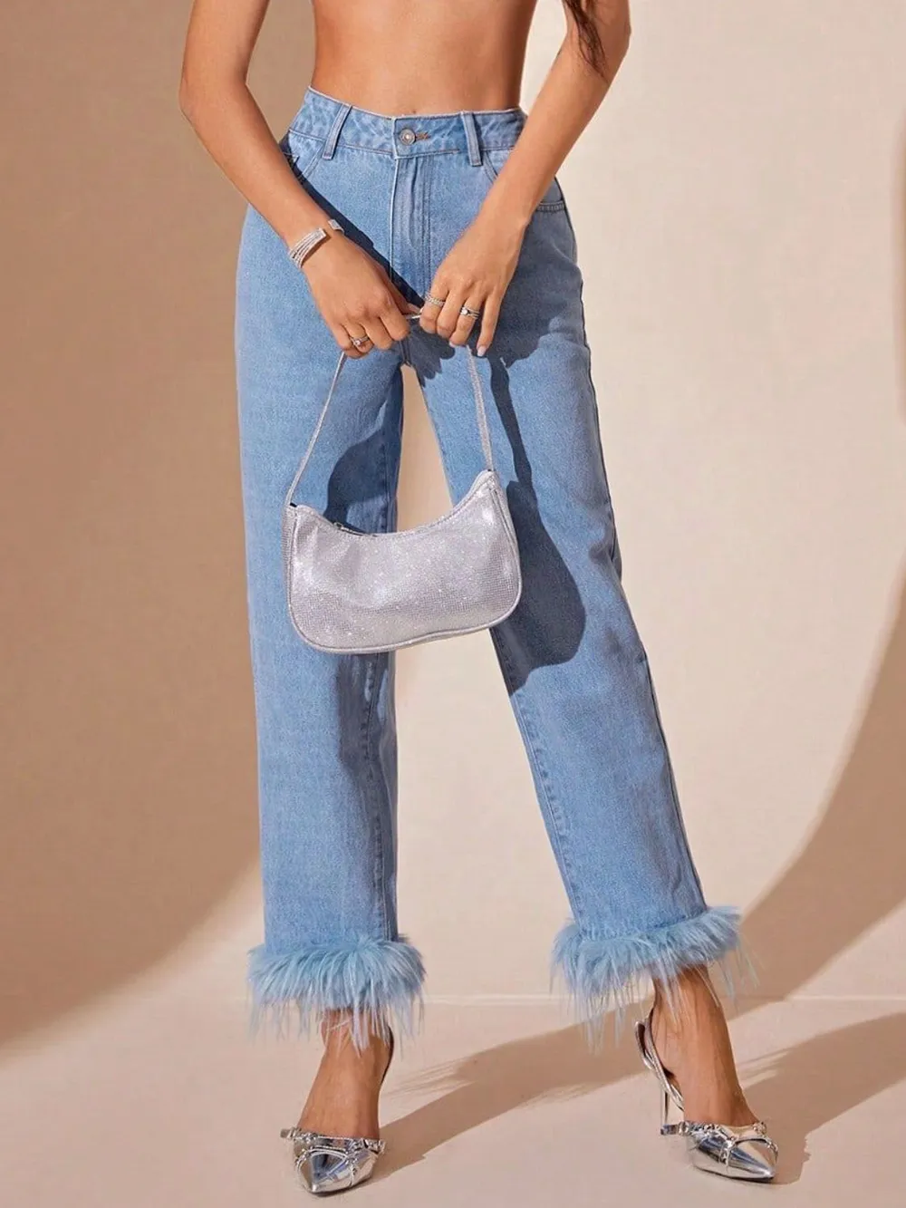 Plush Hem High Rise Straight Jeans, image 2