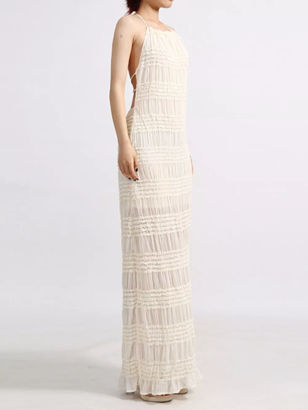 Backless Halter Neck Ruched Maxi Dress, image 4