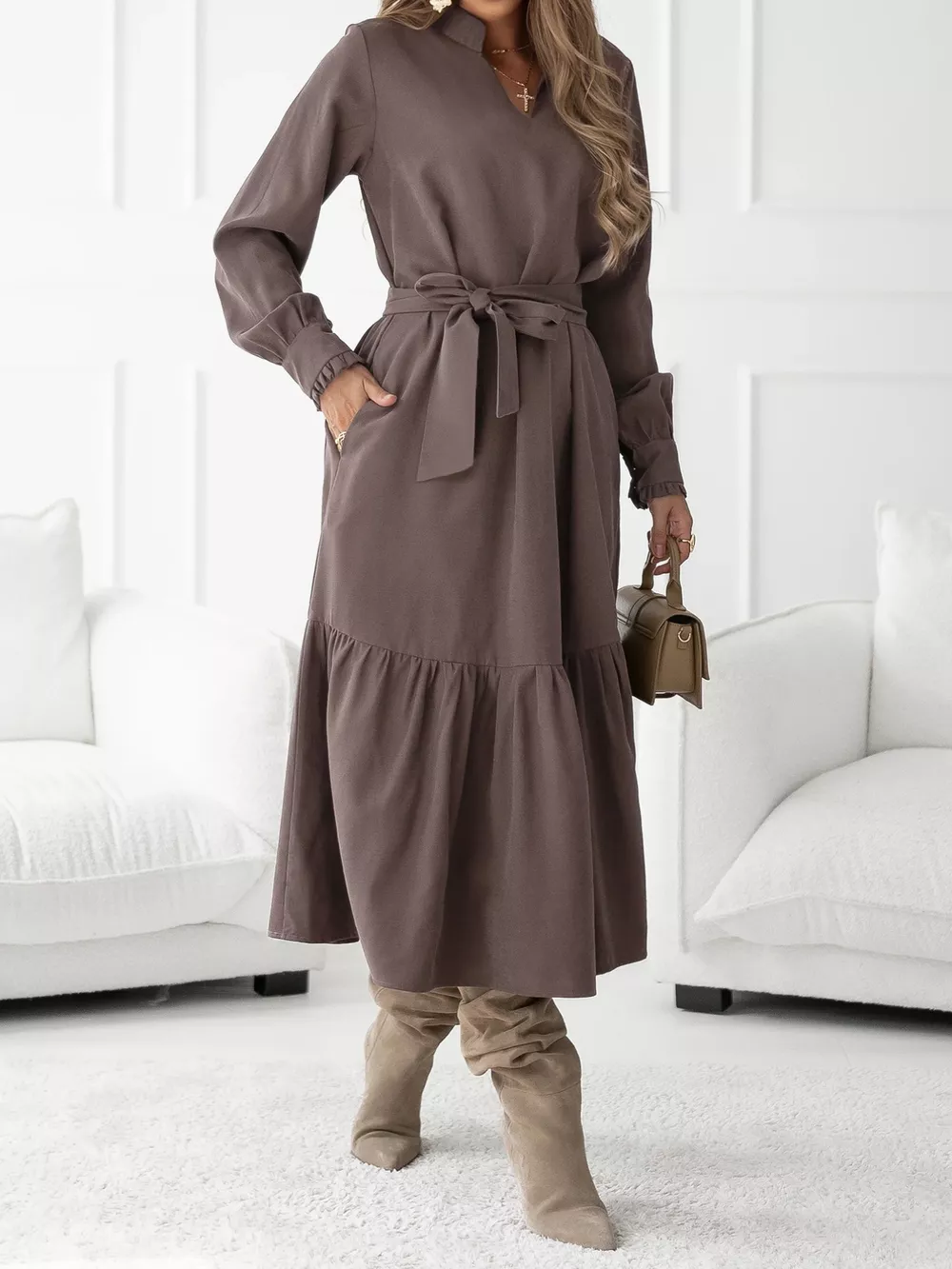 Long Sleeve Tie Waist Ruffle Hem Midi Dress, image 4