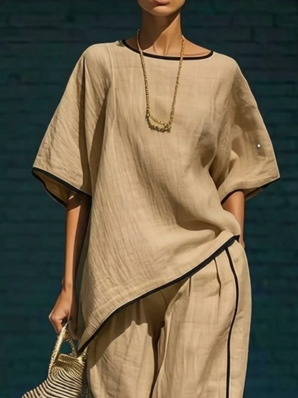 Contrast Trim Round Neck Top and Pants Set, image 8