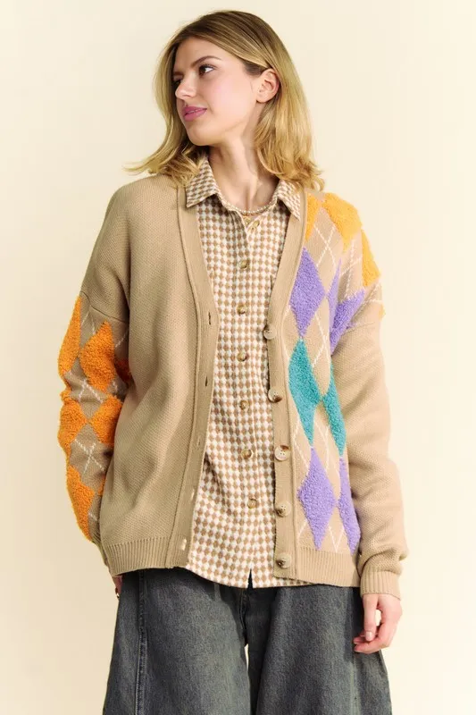 Argyle V-Neck Dropped Shoulder Cardigan, image 7