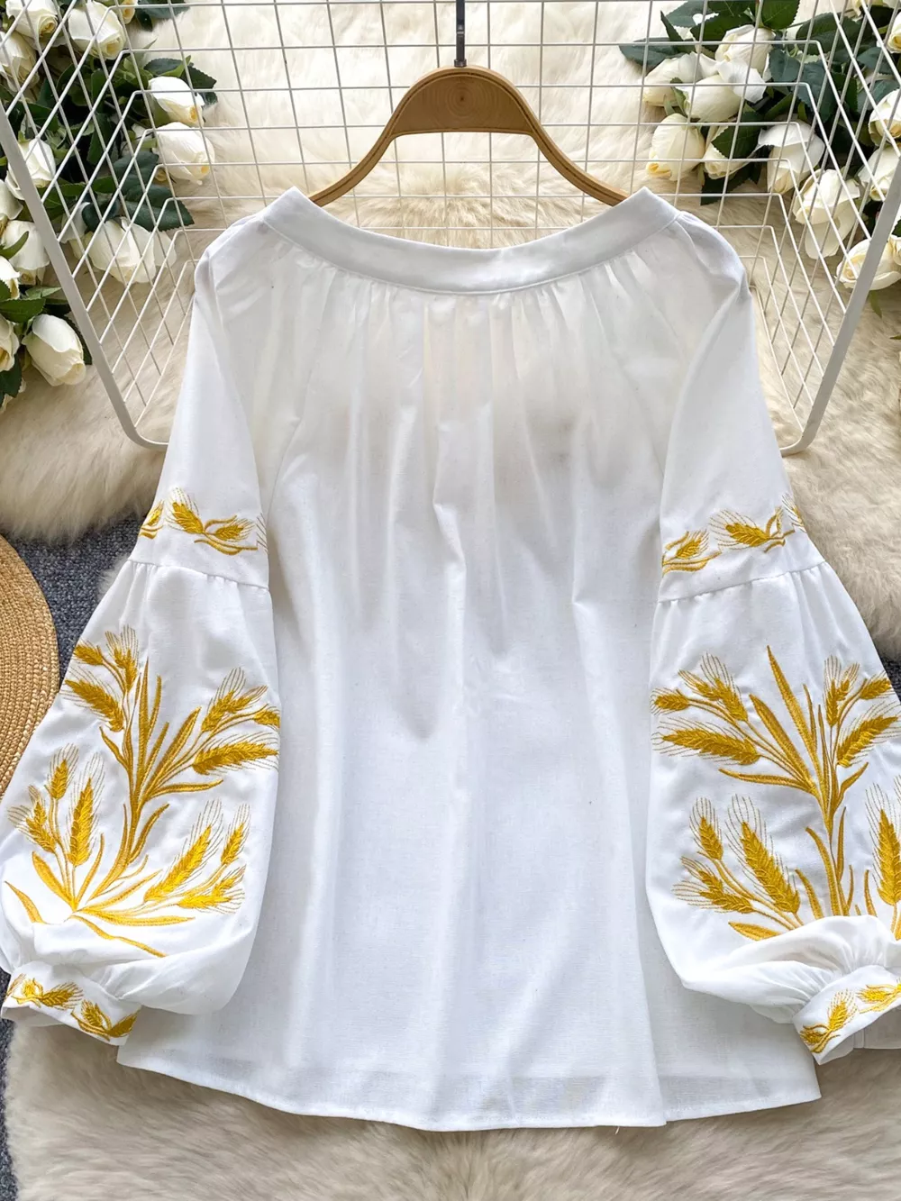 Embroidered Wheat Pattern Tie Neck Blouse, image 10