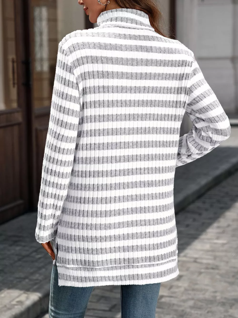 Striped Ribbed Knit Turtleneck Long Sleeve T-Shirt, image 18