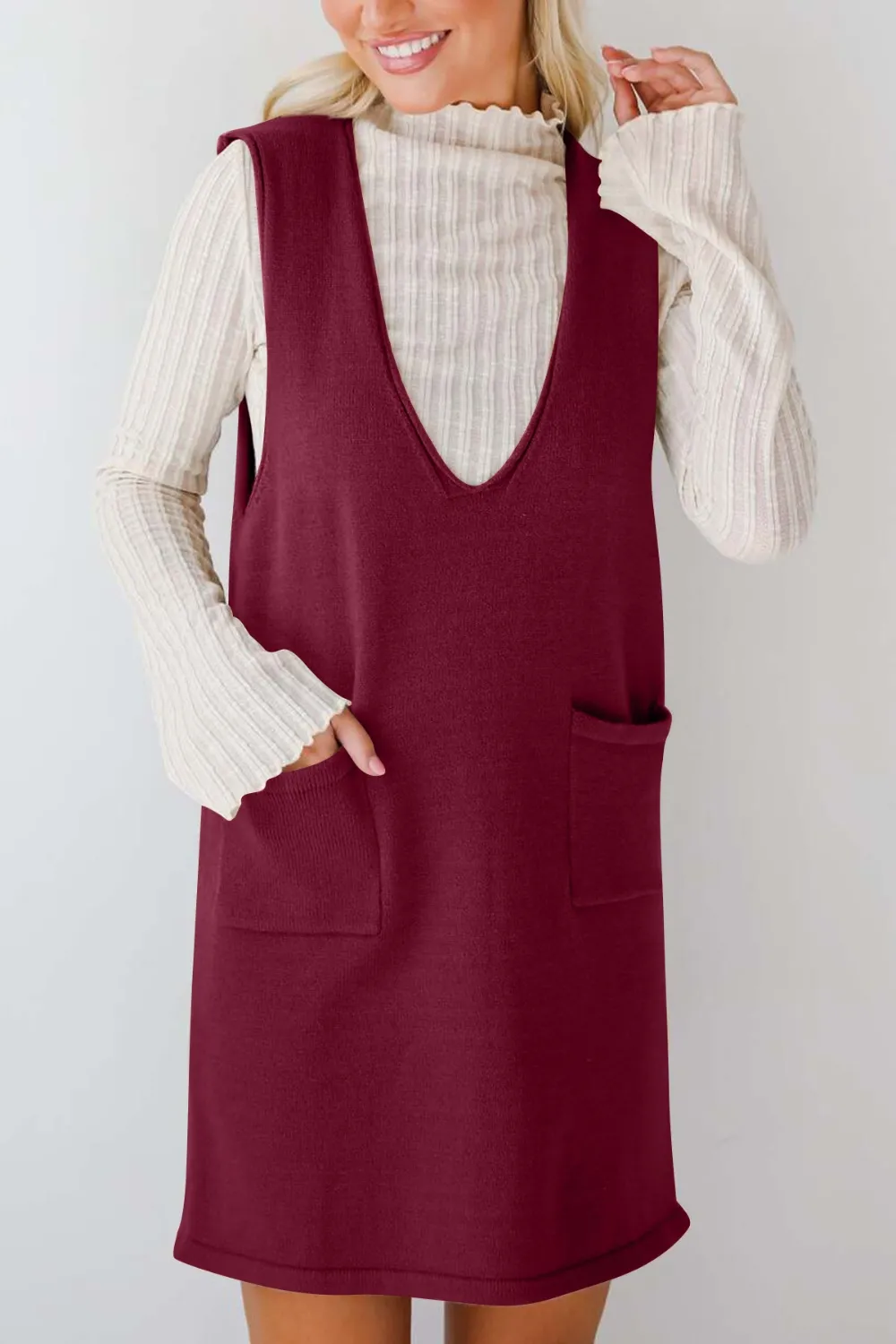 Pocketed V-Neck Mini Sweater Overall Dress, image 4