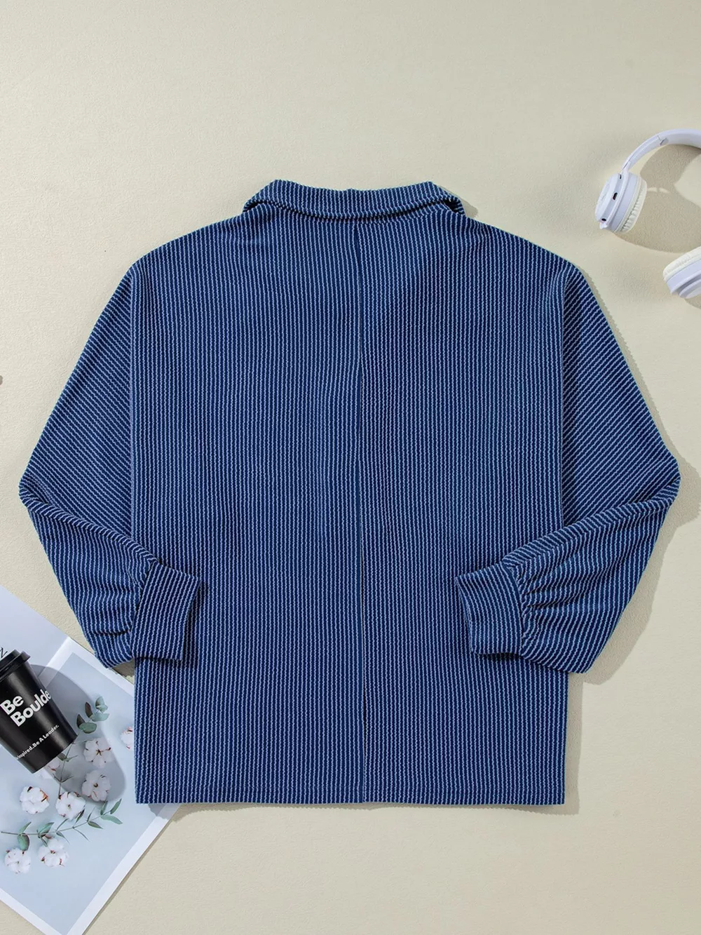 Oversized Twist Ribbed Collared Henley Top with Roll Up Sleeve, image 7