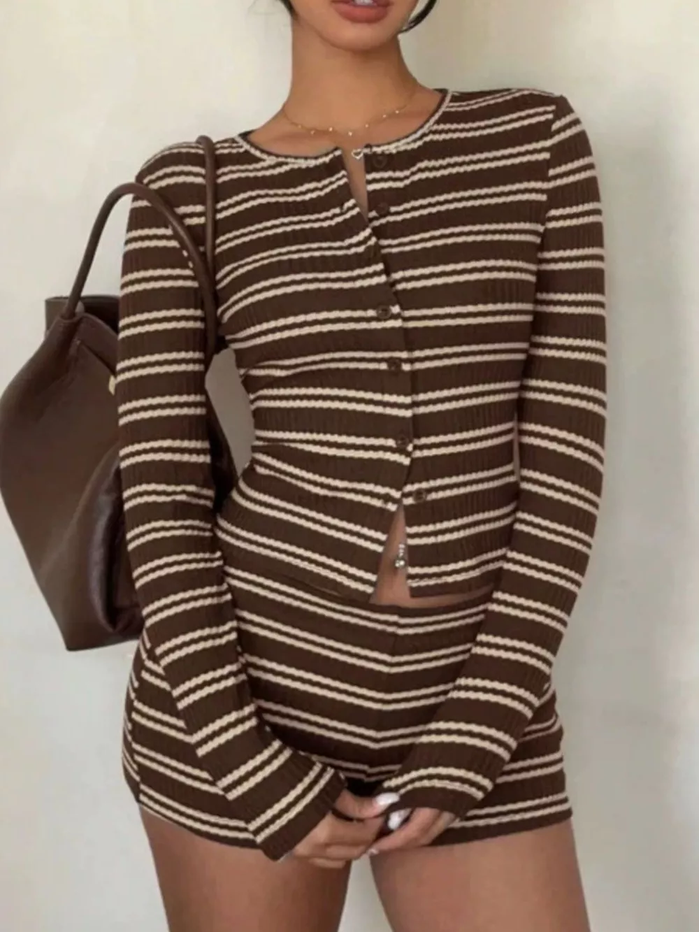 Striped Button-Down Cardigan and Shorts Set, image 11