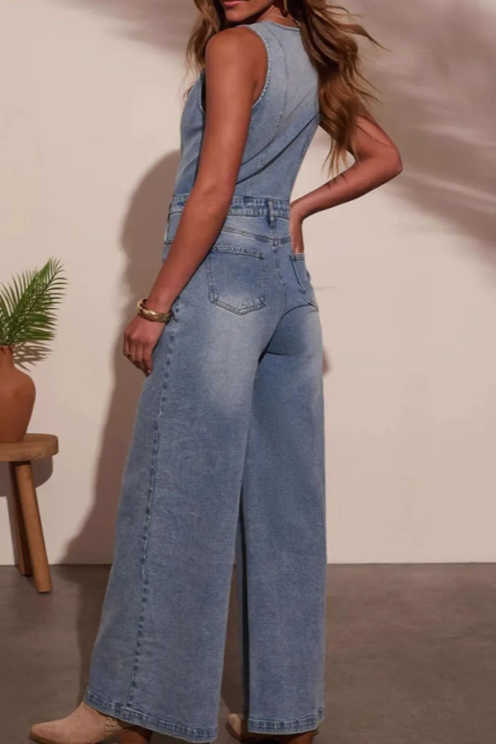 V-neck Wide Leg Denim Jumpsuit, image 2