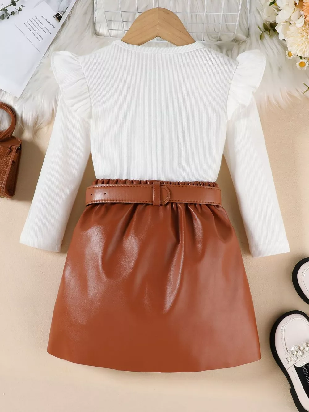 Children's Ruffle Trim Top & Faux Leather Pleated Skirt Set, image 6