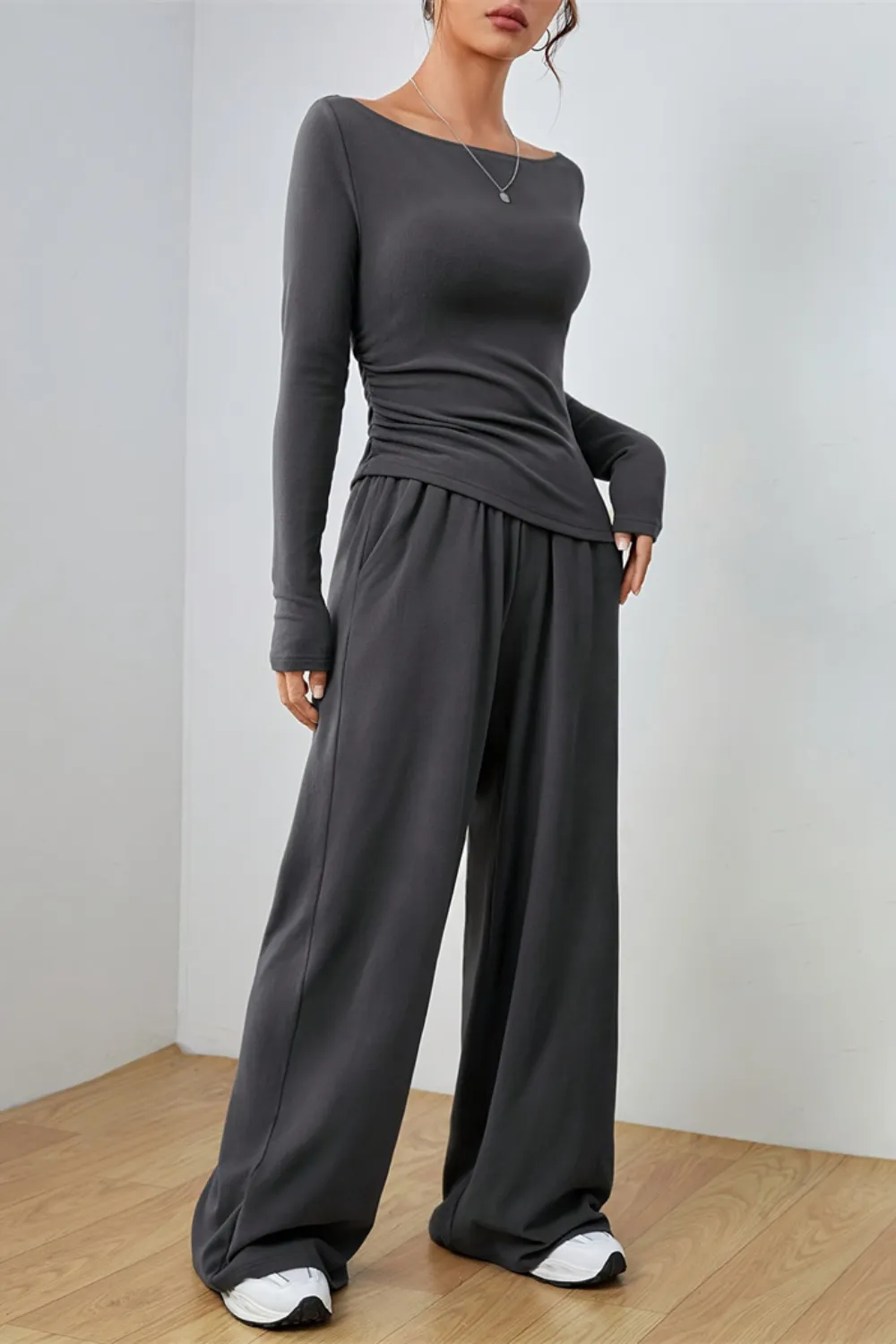 Boat Neck Long Sleeve Top and Pants Set, image 12