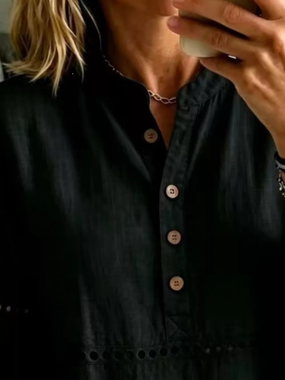 Full Size Button Detail Eyelet Long Sleeve Blouse Plus Size, image 17