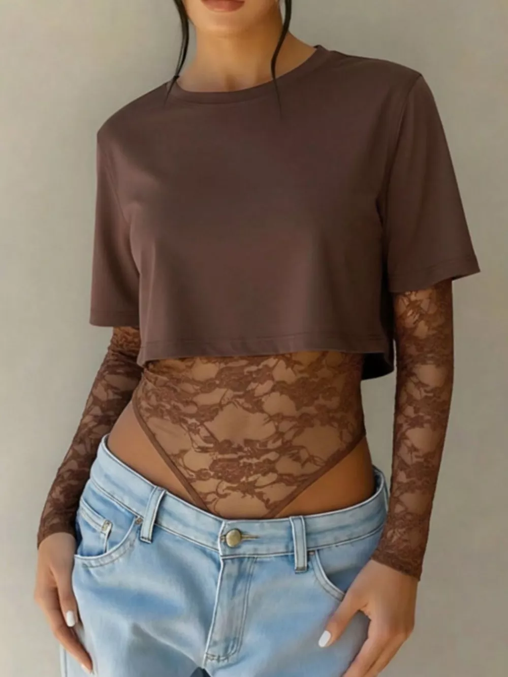 Lace Patchwork Round Neck Bodysuit, image 8