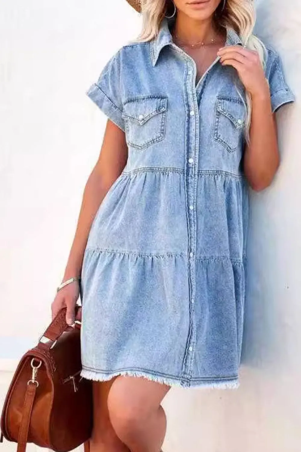 Raw Hem Button Down Denim Mini Dress