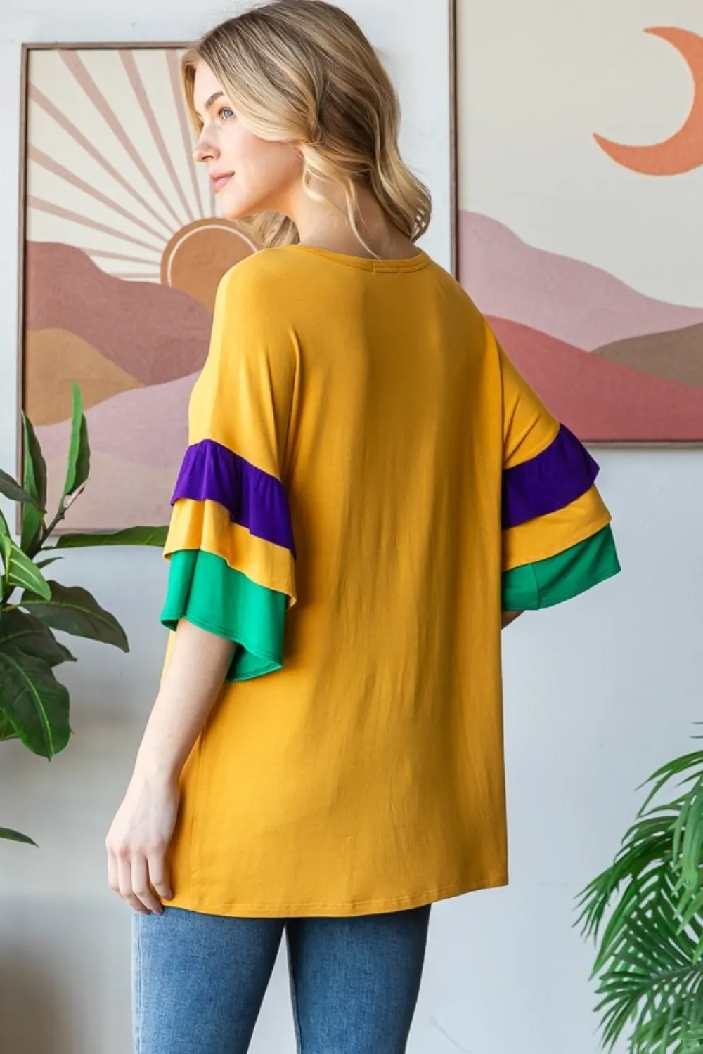 Full Size Round Neck Color Block Ruffled Half Sleeve Top Plus Size, image 5