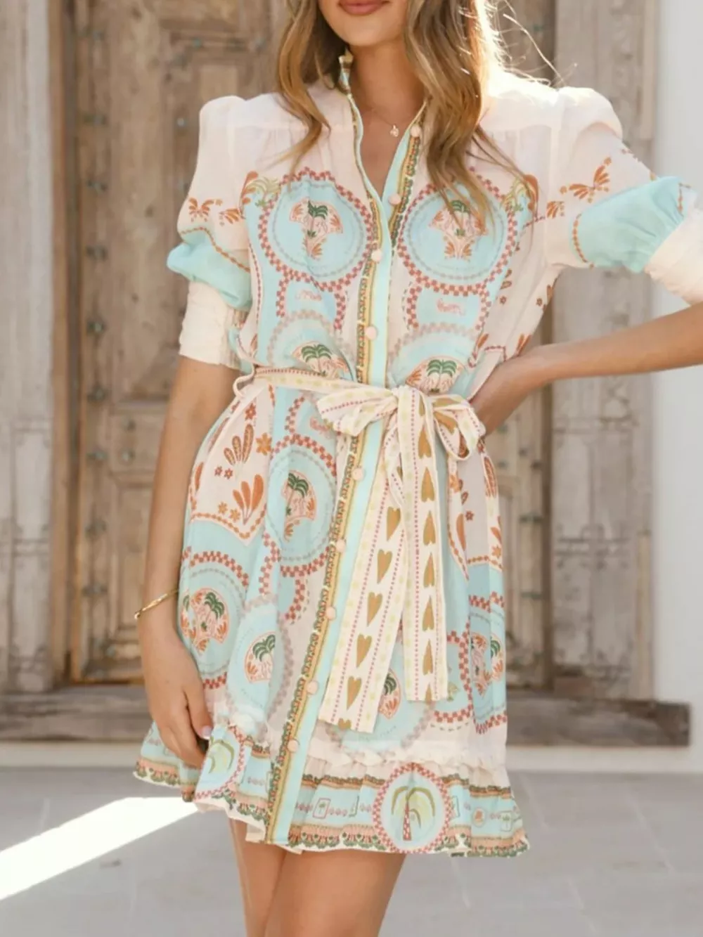 Printed Tie Waist Mini Dress, image 3