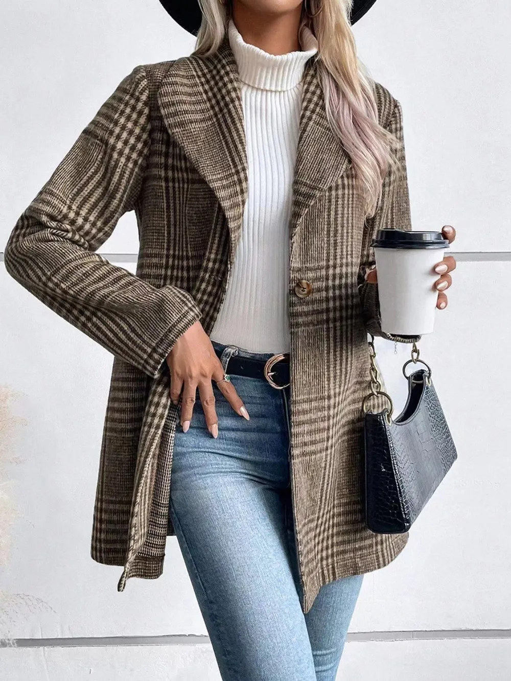 Plaid Collared Neck Long Sleeve Jacket, image 5