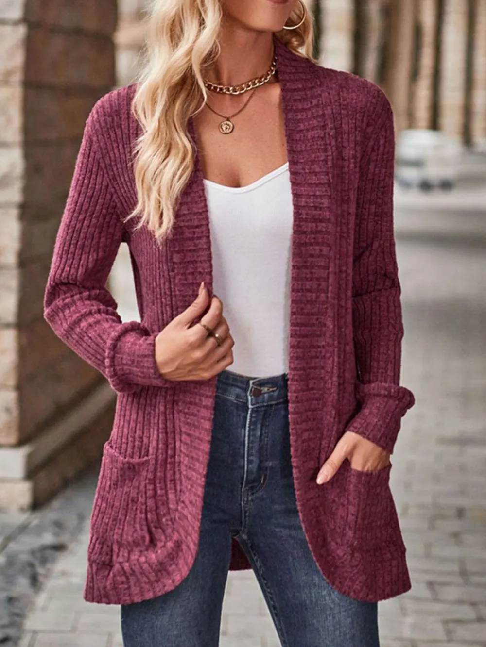 Ribbed Knit Open Front Cardigan with Pockets, image 4