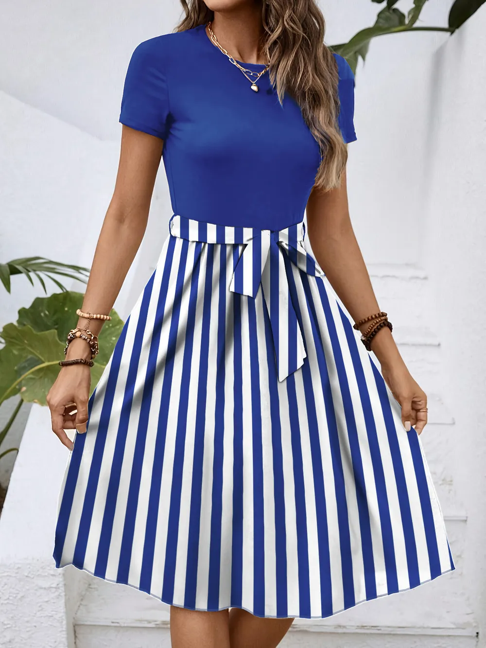 Striped Round Neck Short Sleeve Dress, image 5