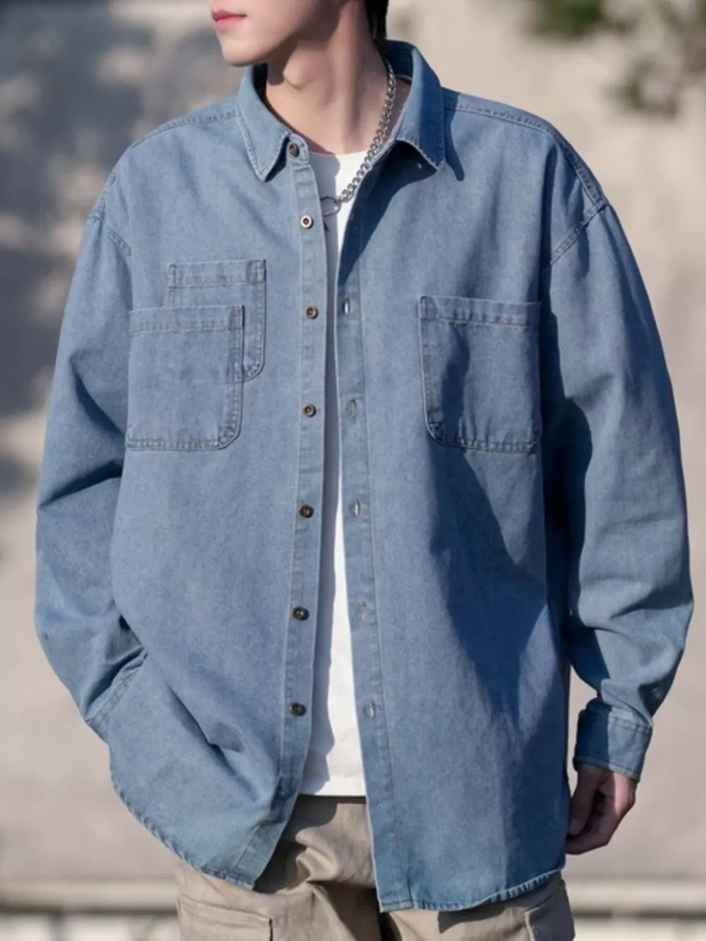Men's Plus Size Button Up Long Sleeve Denim Shirt, image 2