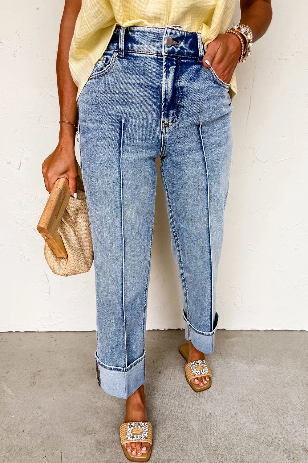 High-Waisted Wide-Leg Cuffed Jeans, image 2