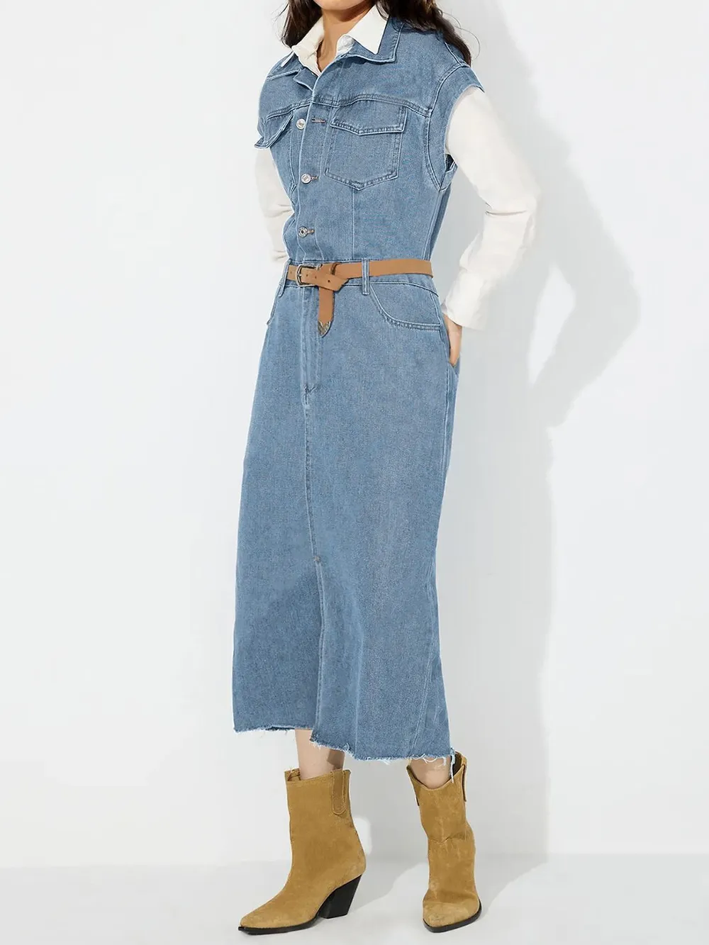 Slit Half Button Collared Neck Cap Sleeve Denim Dress, image 5
