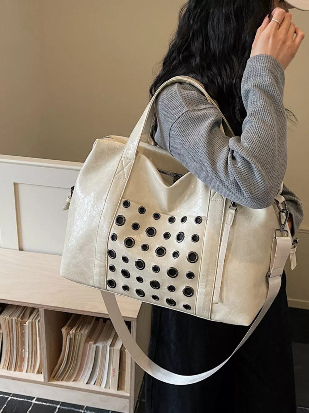 Chic Eyelet Embellished Crossbody Travel Bag, image 2