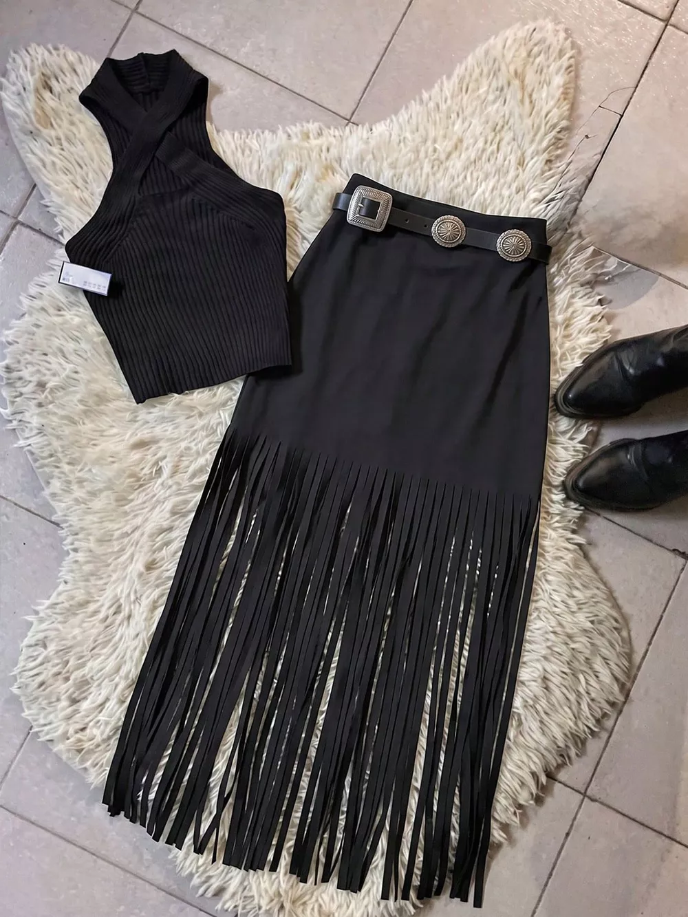 High-Waisted Fringe Midi Skirt, image 5
