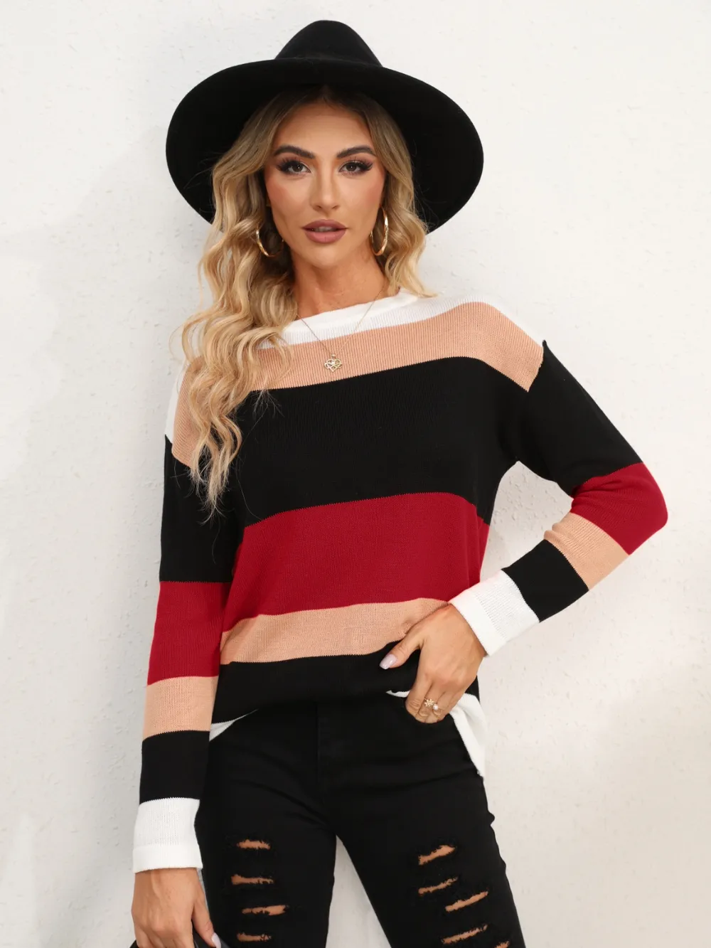 Striped Round Neck Dropped Shoulder Sweater, image 8