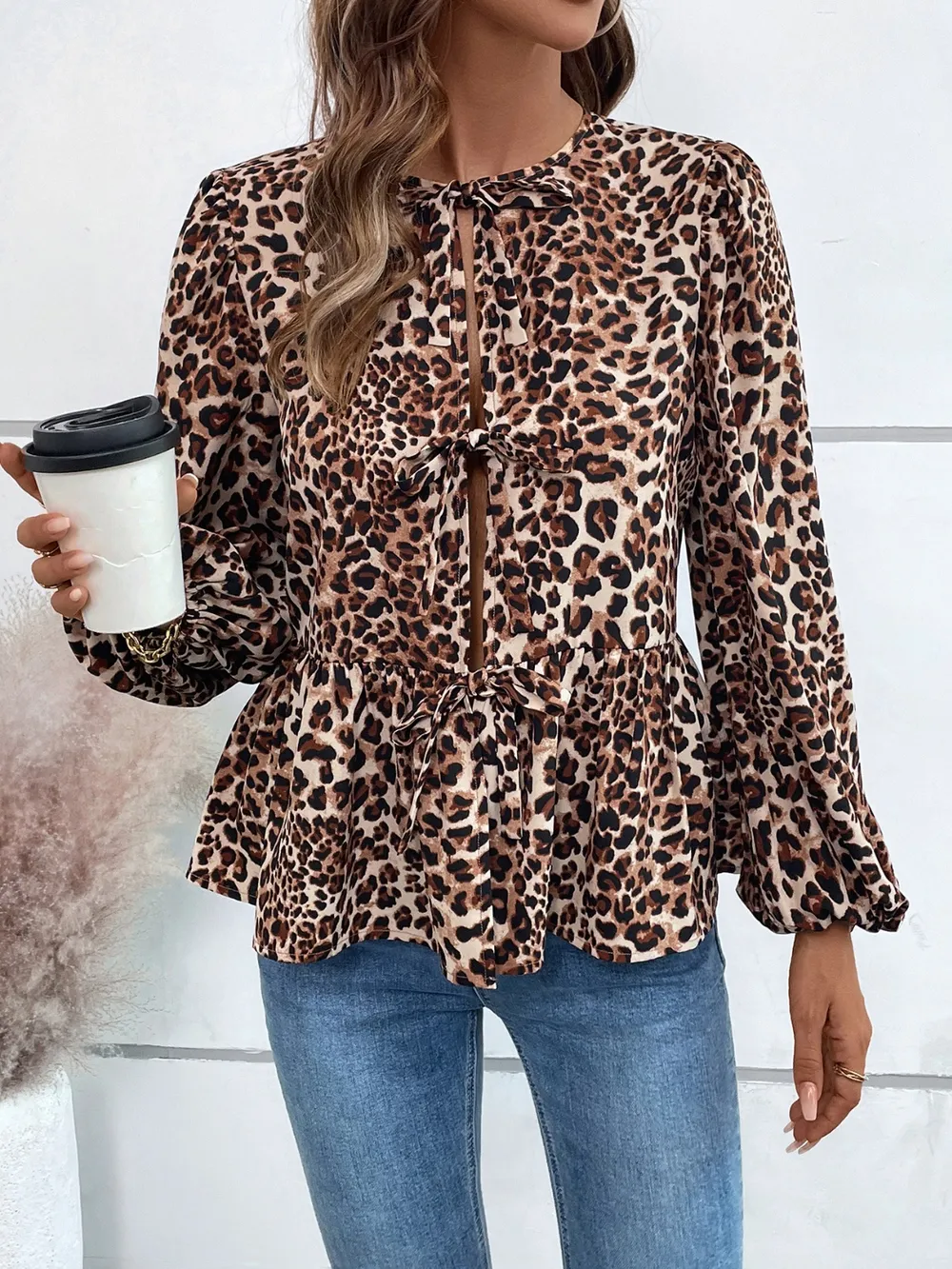 Peplum Tied Long Sleeve Blouse, image 10