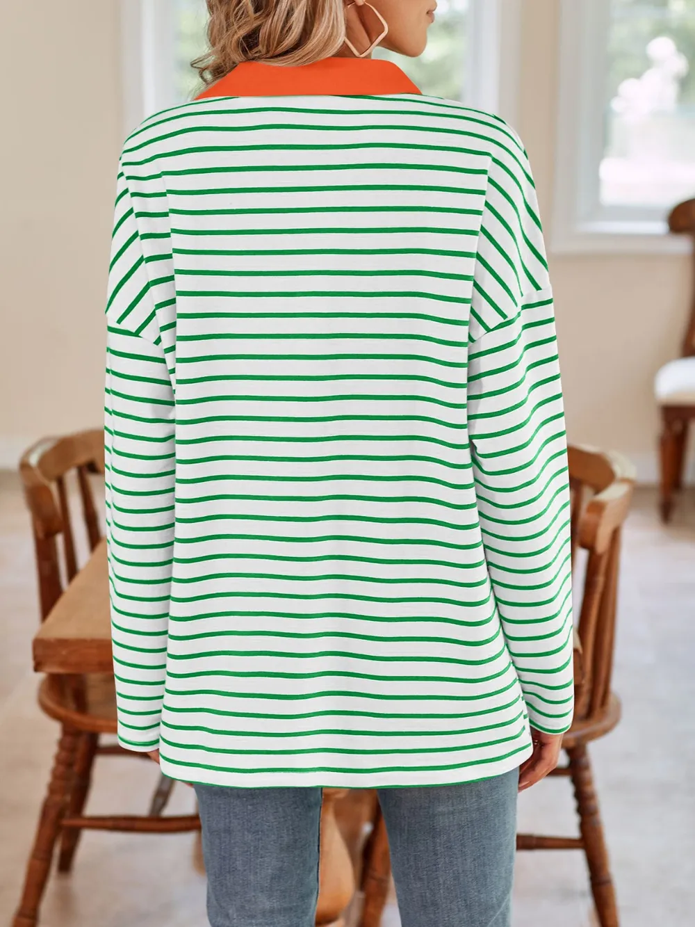 Striped Johnny Collar Long Sleeve T-Shirt, image 32