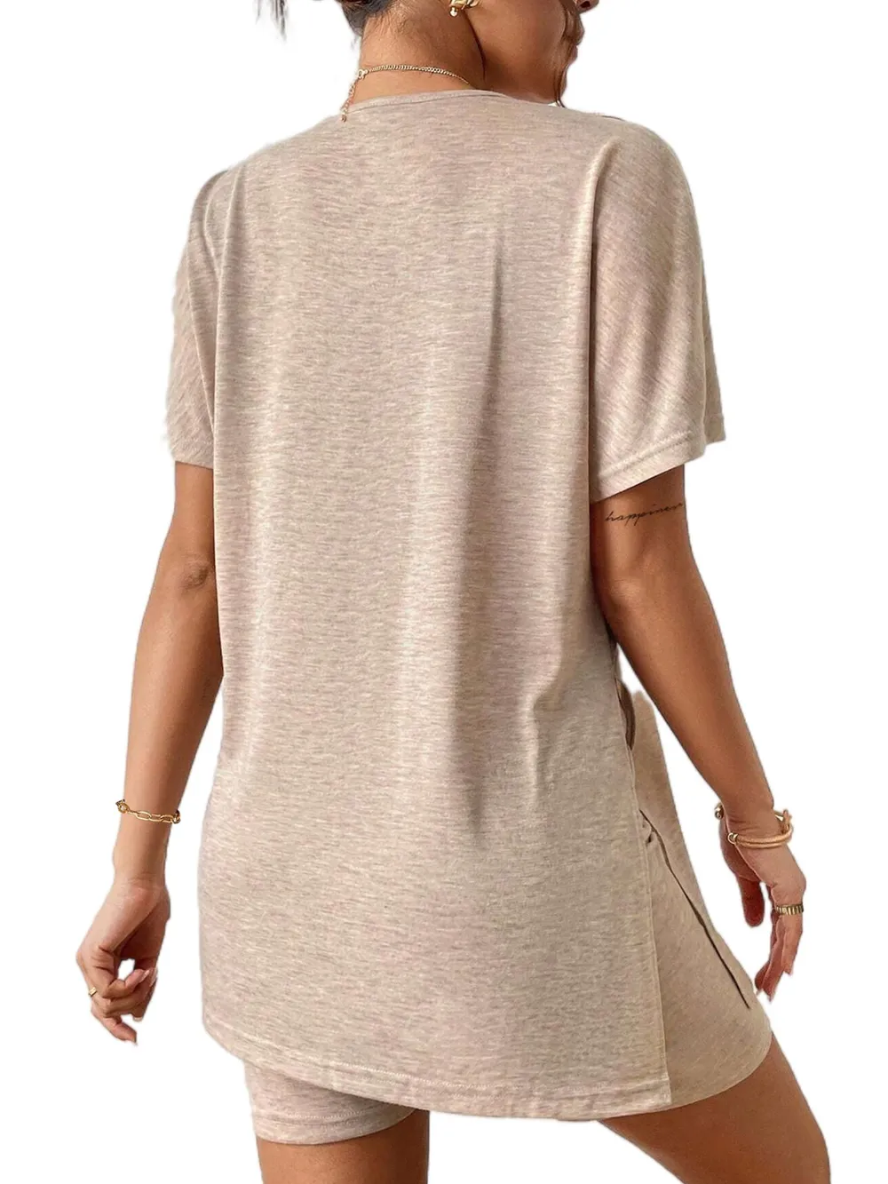 Slit Round Neck Short Sleeve Oversized Top and Shorts Set, image 4