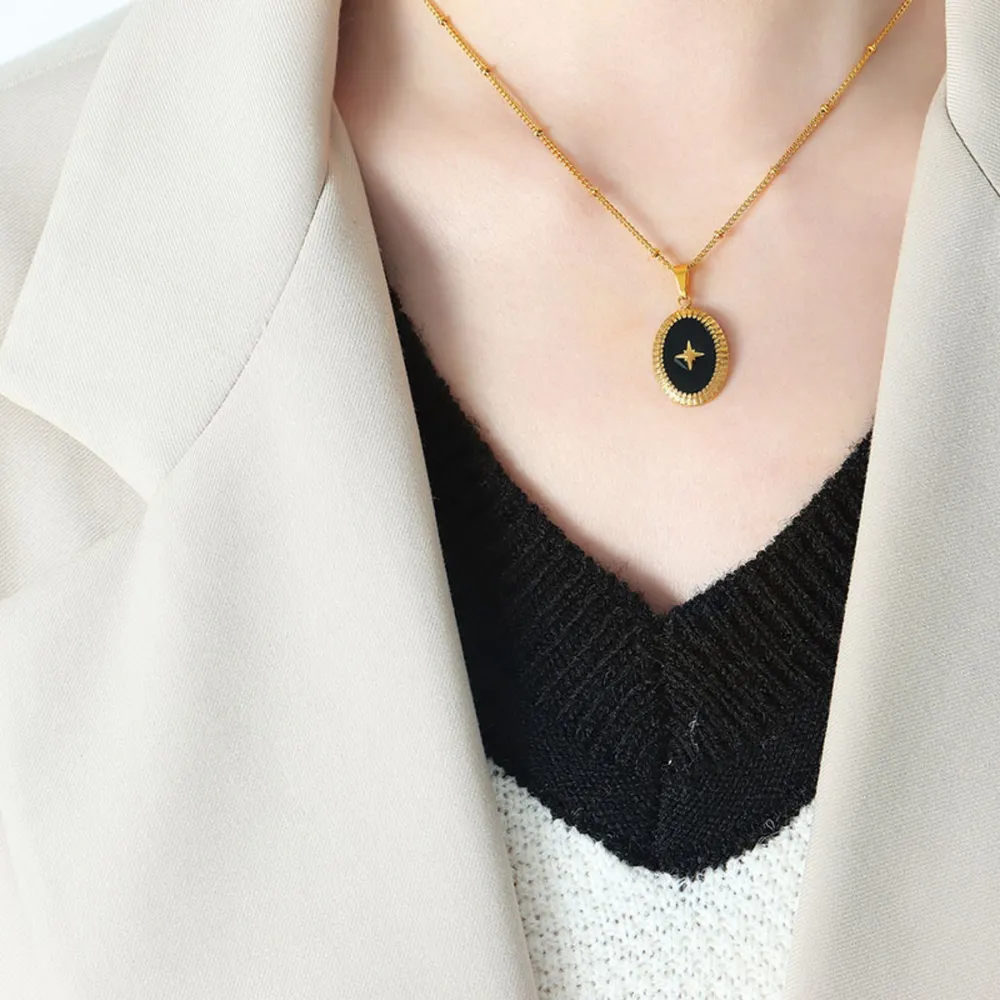 Gold-Plated Titanium Steel Oval Shape Pendant Necklace, image 3