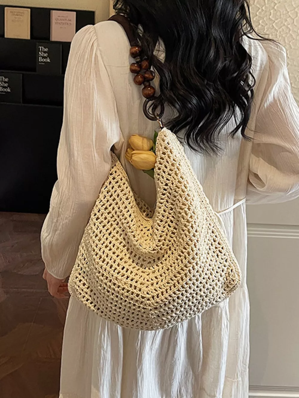 Knitted Shoulder Bag with Wooden Bead Handle, image 3