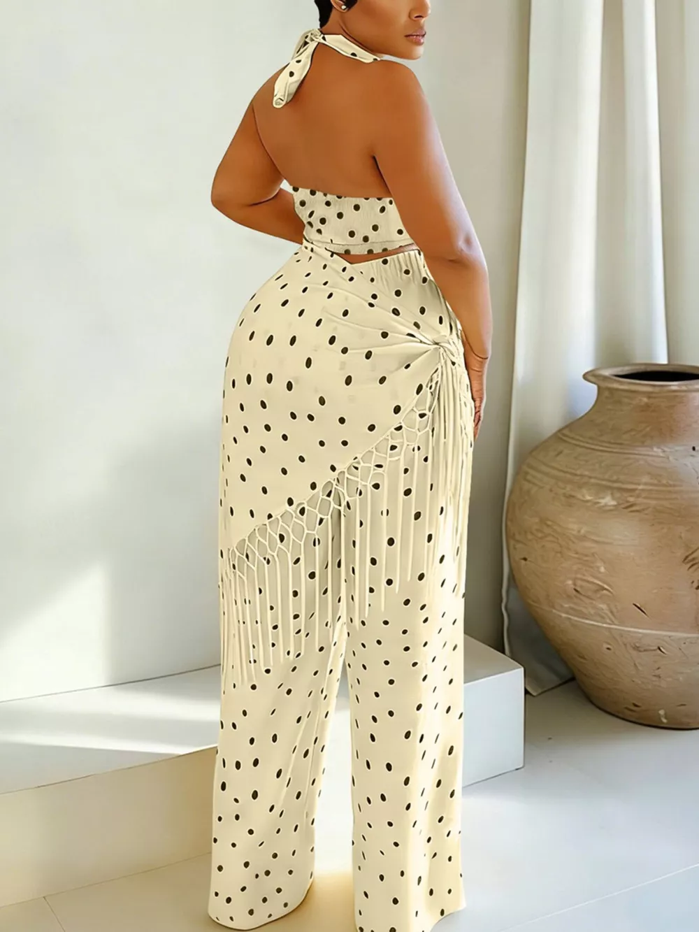 Polka Dot Halter Neck Cami and Fringe Trim Pants Set, image 3
