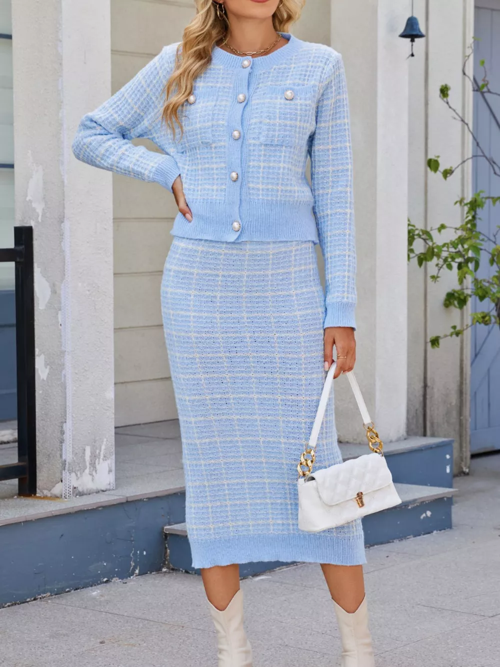 Plaid Knit Cardigan and Midi Skirt Sweater Set, image 5