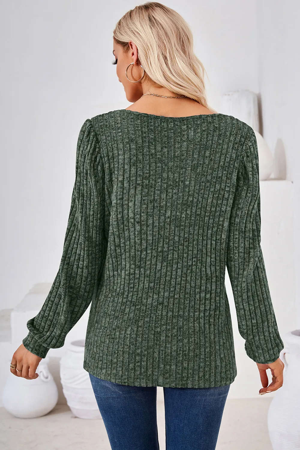Ribbed Square Neck Long Sleeve T-Shirt, image 3