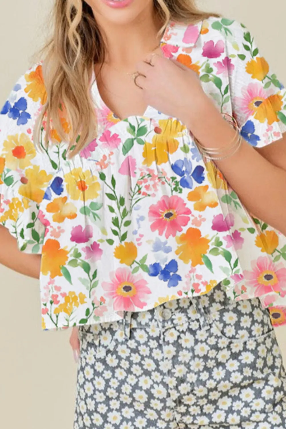 Floral Boxy Fit Ruffled Short Sleeve Blouse, image 3
