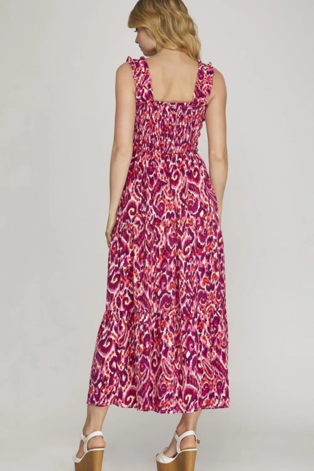 Full Size Smocked Printed Wide Strap Tiered Dress Plus Size, image 3