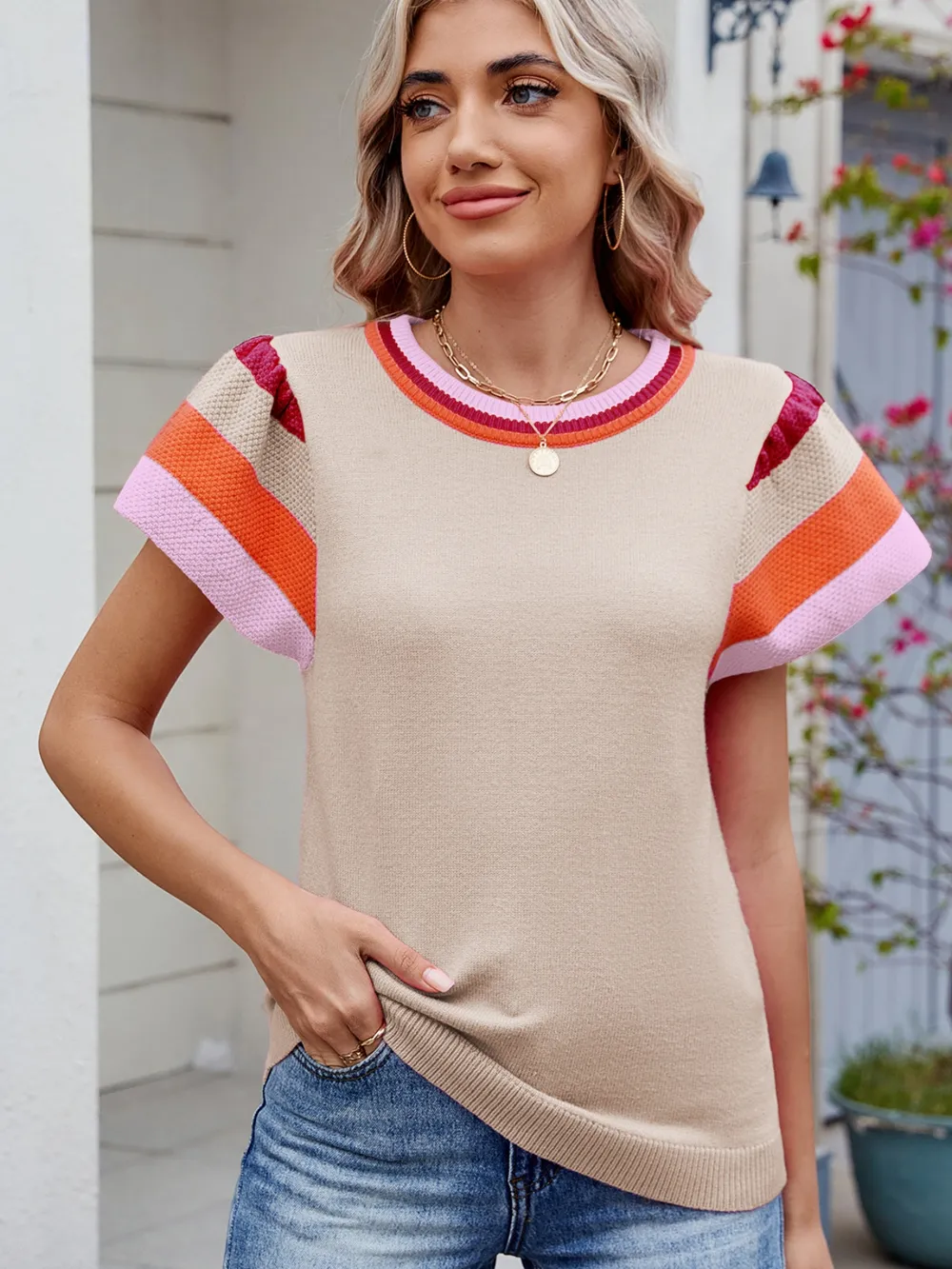 Colorblock Striped Short Sleeve Sweater, image 9