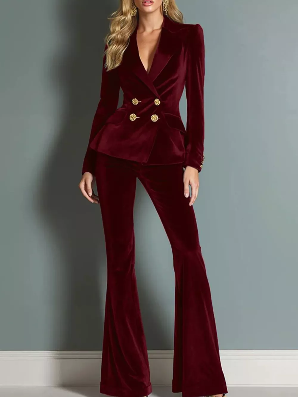 Velvet Double-Breasted Blazer and Flared Pants Set, image 5