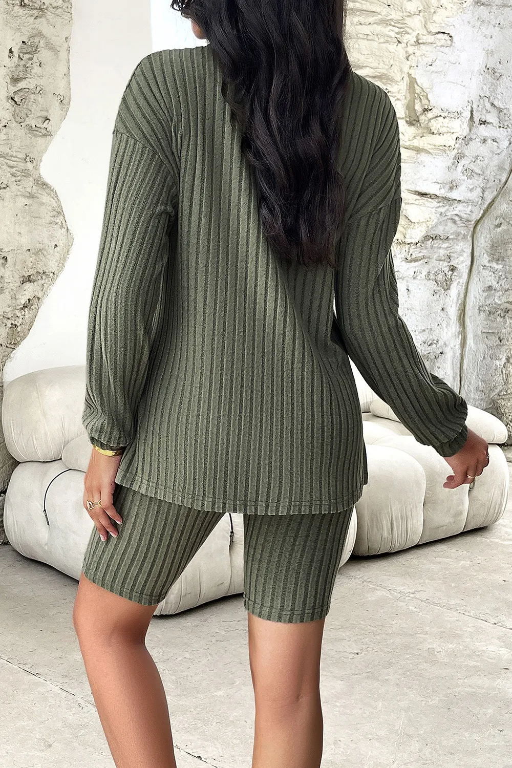 Ribbed Round Neck Dropped Shoulder Top and Shorts Set, image 12