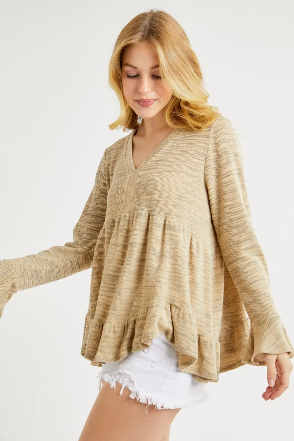 V-Neck Flounce Sleeve Knit Top, image 3