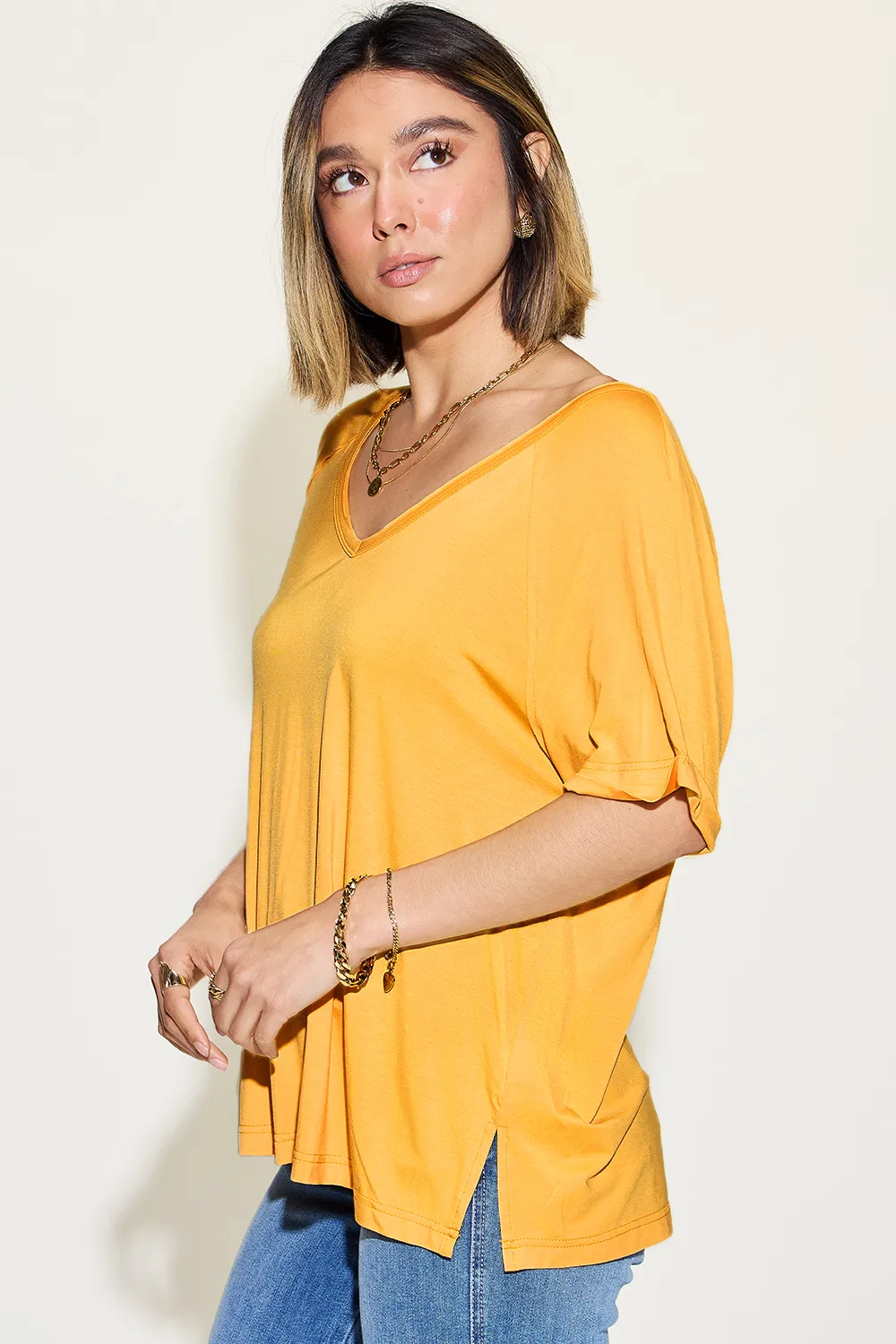 Full Size Bamboo Slit V-Neck Short Sleeve T-Shirt, image 6