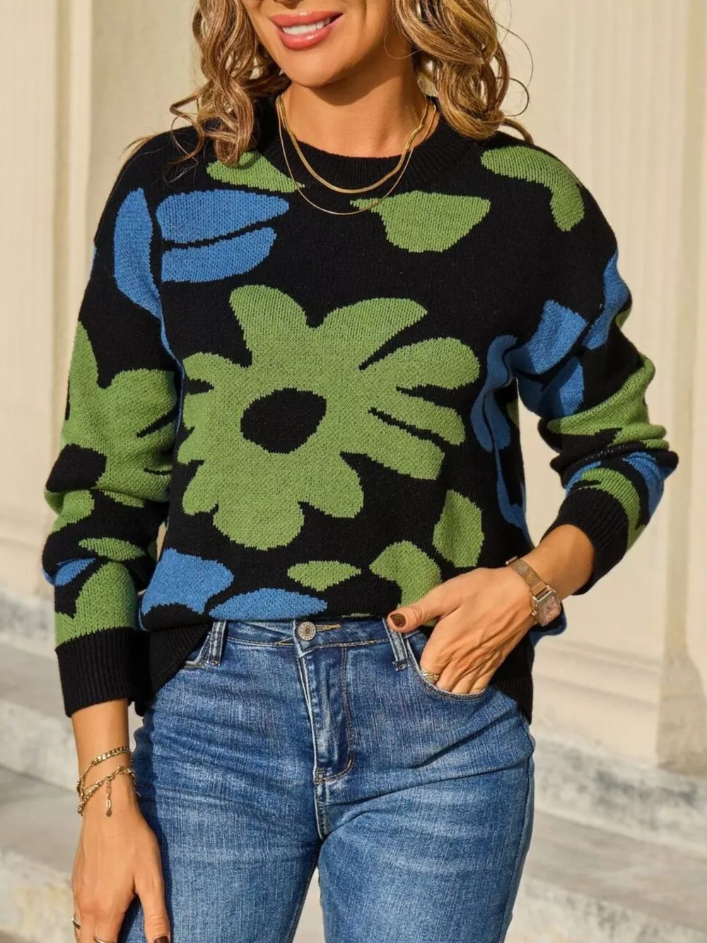 Floral Crew Neck Long Sleeve Sweater, image 6