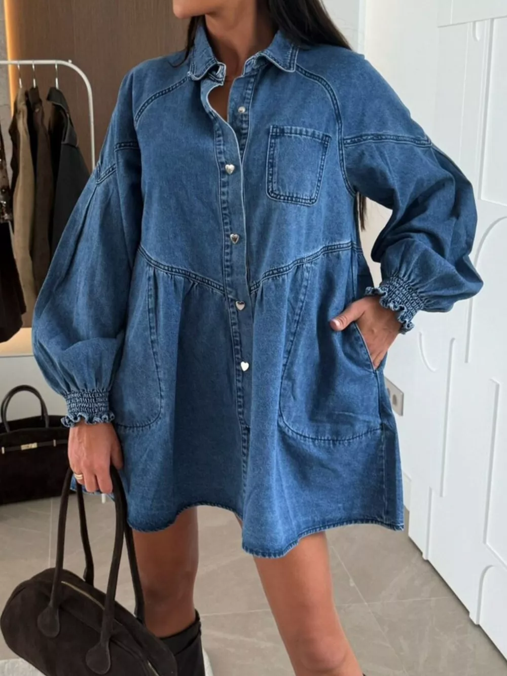 Button Down Mini Denim Dress with Front Pockets, image 6
