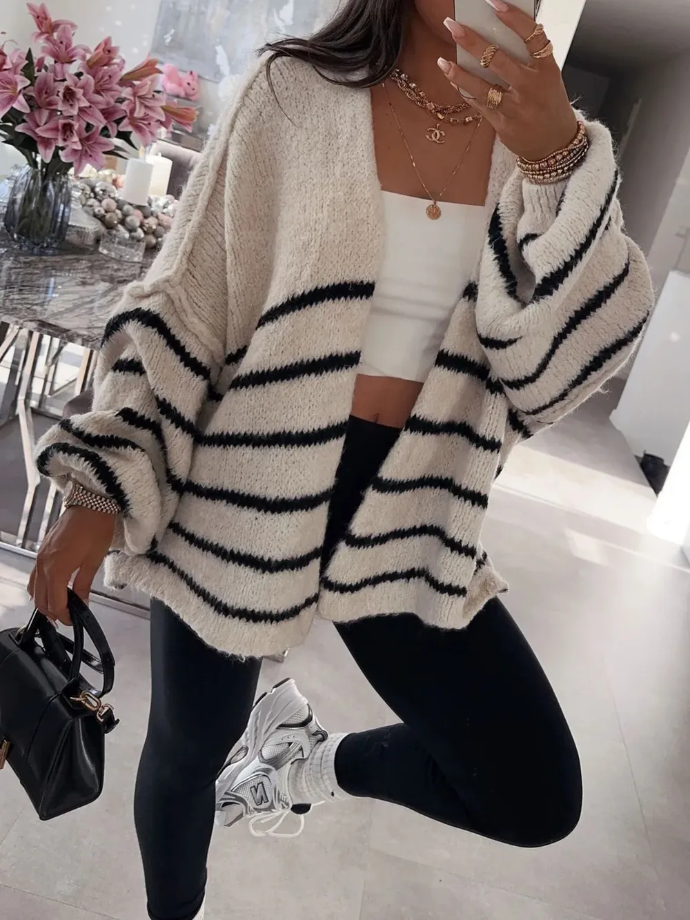 Striped Open Front Dropped Shoulder Cardigan, image 2