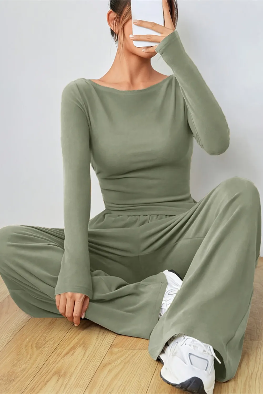 Boat Neck Long Sleeve Top and Pants Set, image 5