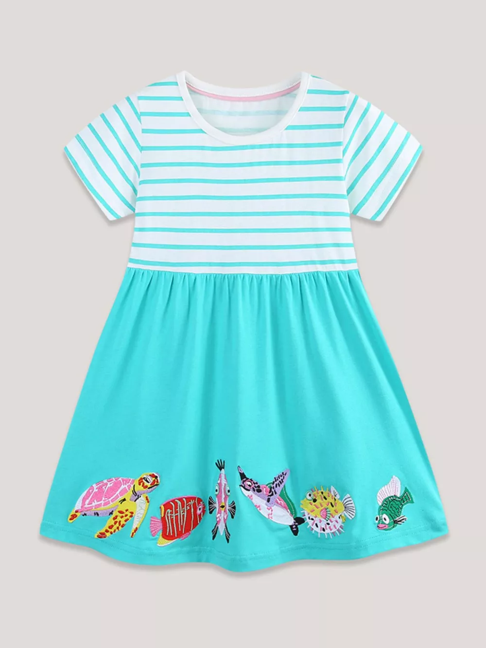 Children's Striped Turtle and Fish Embroidered Dress, image 2