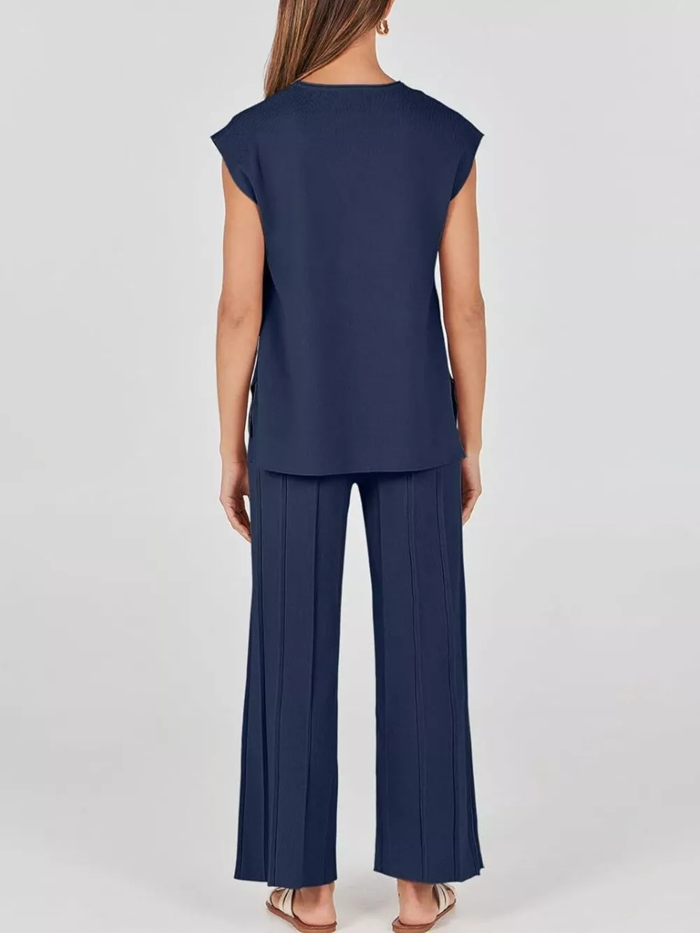 Casual Solid Color Cap Sleeve Top and Pants Knit Set, image 13