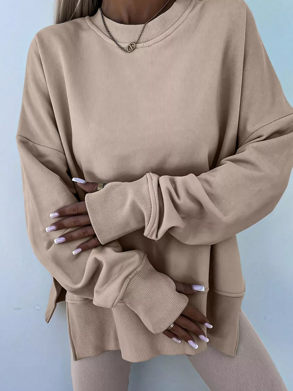 Solid Color Oversize Slit Sweatshirt and Ribbed Leggings 2pcs Set, image 2