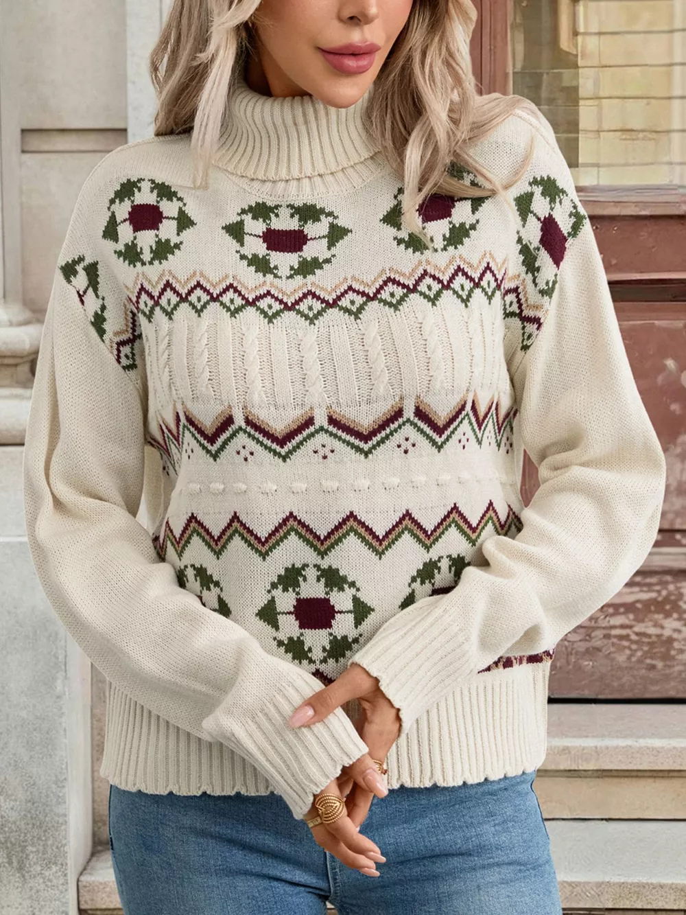 Geometric Turtleneck Long Sleeve Sweater, image 5